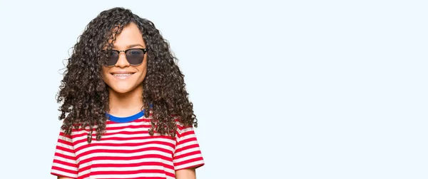 Young Beautiful Woman Curly Hair Wearing Sunglasses Happy Cool Smile — Stock Photo, Image