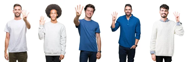 Коллаж Группы Людей Белом Изолированном Фоне Показывающий Указывающий Пальцами Номер — стоковое фото