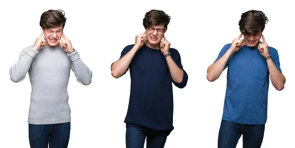Колаж Молодої Людини Над Білим Ізольованим Тлом Покриває Вуха Пальцями — стокове фото