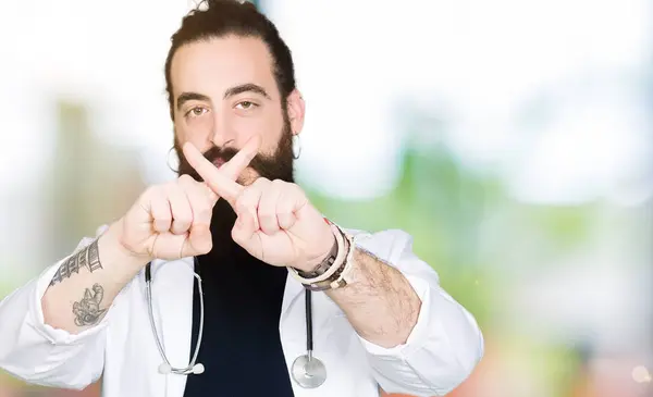 Doctor Long Hair Wearing Medical Coat Stethoscope Rejection Expression Crossing — Stock Photo, Image