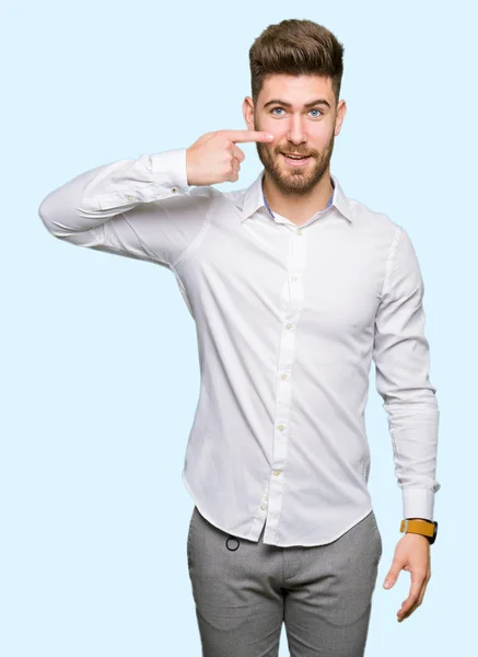 Young Handsome Business Man Pointing Hand Finger Face Nose Smiling — Stock Photo, Image