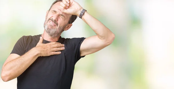 Bello Uomo Anziano Mezza Età Hoary Sfondo Isolato Toccare Fronte — Foto Stock