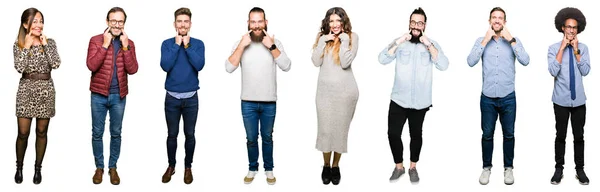 Collage Van Mensen Boven Witte Achtergrond Geïsoleerd Glimlachend Met Open — Stockfoto