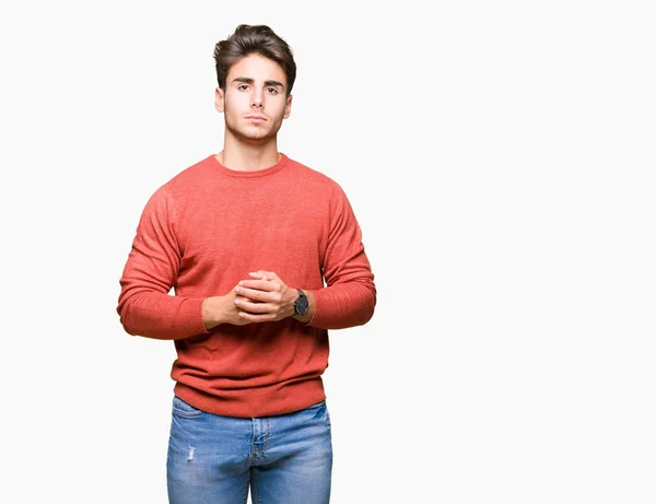 Jovem Homem Bonito Sobre Fundo Isolado Mãos Juntas Dedos Cruzados — Fotografia de Stock