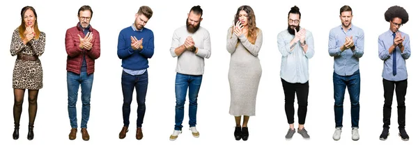 Collage Personas Sobre Fondo Blanco Aislado Sufrimiento Dolor Manos Dedos — Foto de Stock