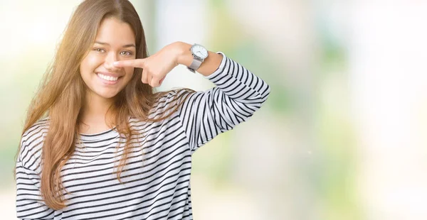 Young Beautiful Brunette Woman Wearing Stripes Sweater Isolated Background Pointing — Stock Photo, Image