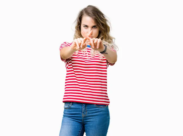 Beautiful Young Blonde Woman Isolated Background Rejection Expression Crossing Fingers — Stock Photo, Image