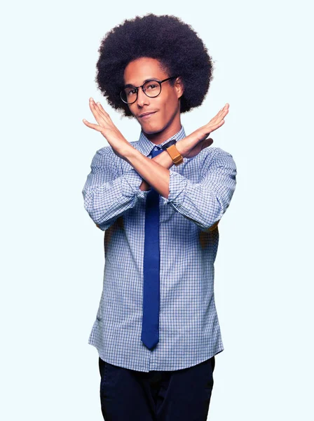 Young African American Business Man Afro Hair Wearing Glasses Rejection — Stock Photo, Image