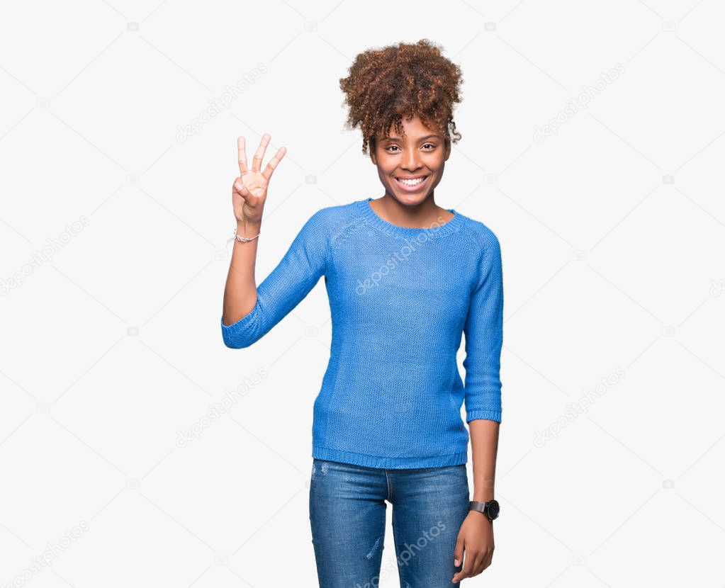 Beautiful young african american woman over isolated background showing and pointing up with fingers number three while smiling confident and happy.
