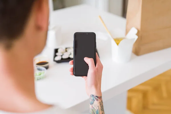 Close Upf Man Using Smartphone Orden Take Away Asian Food — Stock Photo, Image