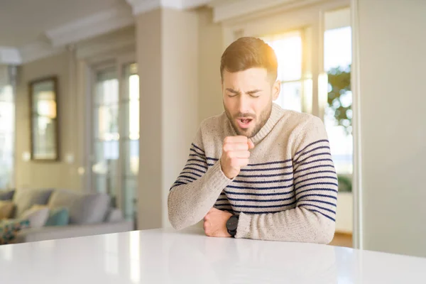 Young Handsome Man Home Feeling Unwell Coughing Symptom Cold Bronchitis — 스톡 사진