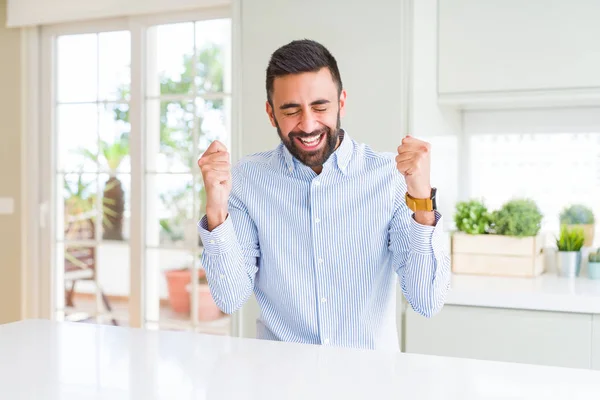 Handsome Hispanic Business Man Excited Success Arms Raised Celebrating Victory — Stock Photo, Image