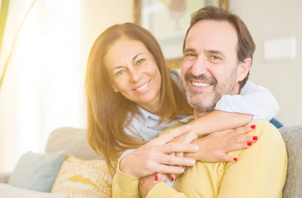 Middle Age Romantic Couple Sitting Sofa Home — Stock Photo, Image