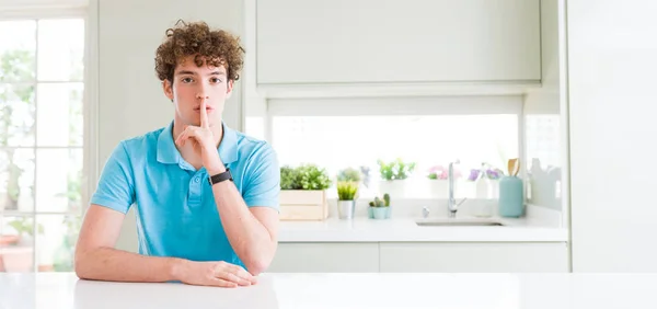 Wide Shot Young Handsome Man Home Asking Quiet Finger Lips — Stock Photo, Image