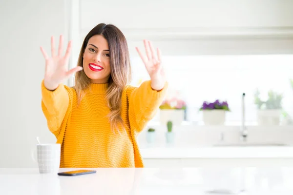 Young Beautiful Woman Drinking Cup Coffee Home Showing Pointing Fingers — Stock Photo, Image