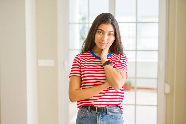 Young Beautiful Woman Wearing Casual Shirt Thinking Looking Tired Bored — Stock Photo, Image