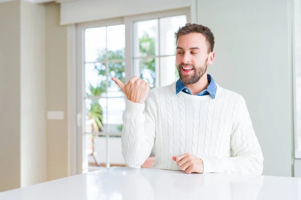 Handsome Man Wearing Casual Sweater Smiling Happy Face Looking Pointing — Stock Photo, Image