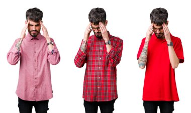 Kolaj genç adam izole arka plan üzerinde gözlük takan el baş başında ağrı çünkü stres. Acı çeken migren.