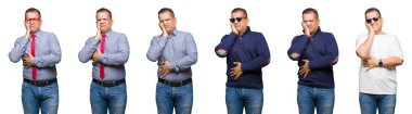İzole arka plan üzerinde orta yaş Arap adam kompozisyon yorgun bakıyor ve çapraz silah ile depresyon sorunları ile sıkılmış.