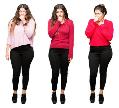 Kolaj beyaz güzel genç kadın bir soğuk veya bronşit için arka plan duygu hasta ve semptom olarak öksürük izole. Sağlık kavramı.