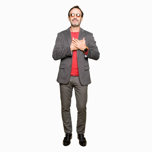 Middle Age Handsome Business Man Wearing Sunglasses Smiling Hands Chest — Stock Photo, Image