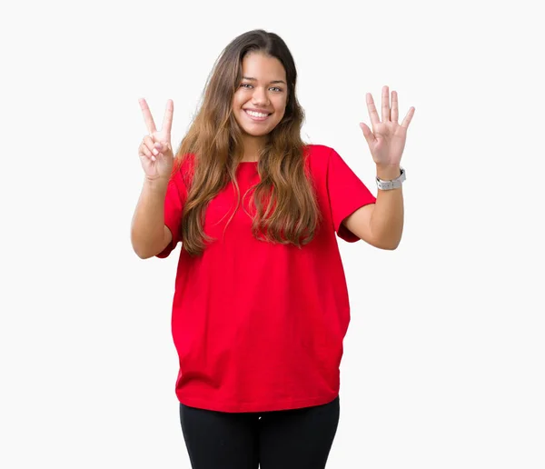 Jonge Mooie Brunette Vrouw Met Rode Shirt Geïsoleerde Achtergrond Weergeven — Stockfoto