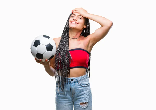 Молодые Плетеные Волосы Африканский Американец Родимым Пятном Держа Футбольный Мяч — стоковое фото