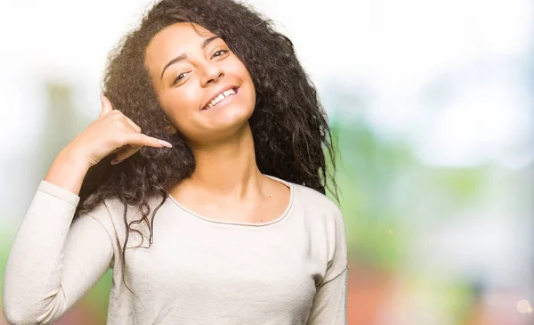 Young Beautiful Girl Curly Hair Wearing Casual Sweater Smiling Doing — Stock Photo, Image