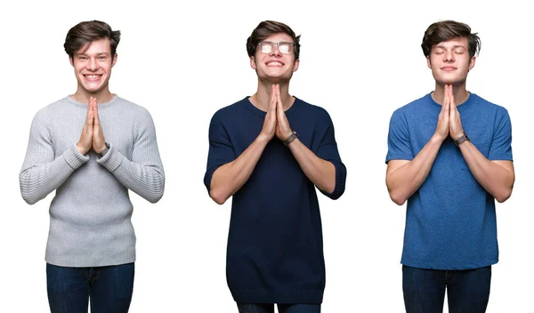 Collage Young Man White Isolated Background Praying Hands Together Asking — Stock Photo, Image