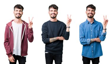 Mutlu yüz zafer işareti yaparken kameraya göz kırpıyor ile gülümseyen izole arka plan üzerinde genç adam kolaj. İki numaralı.
