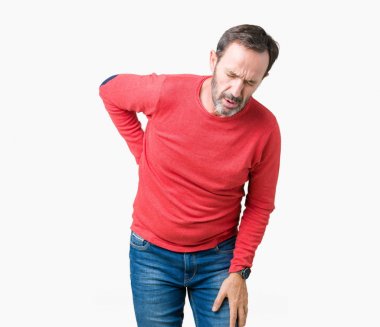 Yakışıklı orta yaş ağarmış komuta sizde giyen kış kazak izole üzerinde arka plan geri el ile kas ağrısı dokunmadan acı sırt ağrısı,