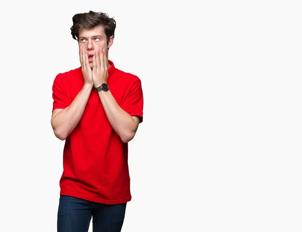 Young Handsome Man Wearing Red Shirt Isolated Background Tired Hands — Stock Photo, Image
