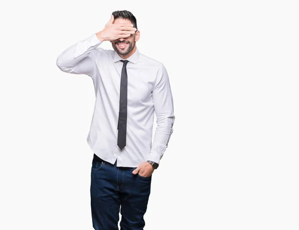 Jovem Homem Negócios Bonito Usando Óculos Sobre Fundo Isolado Sorrindo — Fotografia de Stock