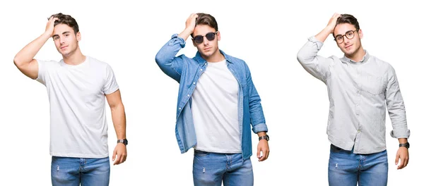 Collage Young Handsome Man Wearing Sunglasses Isolated Background Smiling Confident — Stock Photo, Image