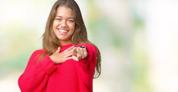 Junge Schöne Brünette Frau Trägt Roten Winterpullover Über Isoliertem Hintergrund — Stockfoto