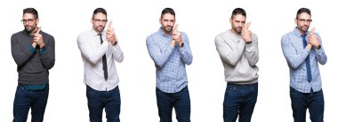 Beyaz izole arka plan üzerinde yakışıklı iş adamı Kolaj el hareketi ile sembolik silah holding, çekim silah öldürme oynarken, kızgın yüz