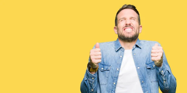 Handsome Man Blue Eyes Beard Wearing Denim Jacket Excited Success — Stock Photo, Image