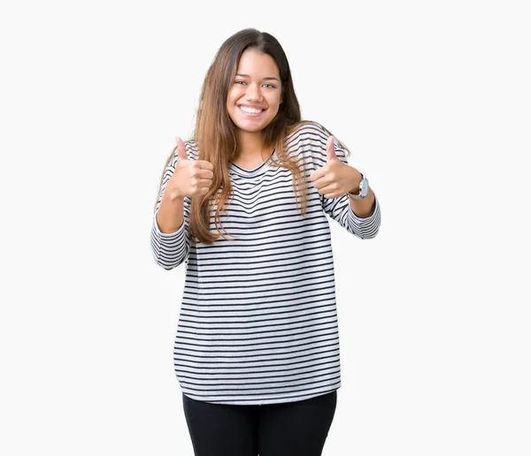 Młoda Piękna Kobieta Brunetka Swetrze Paski Nad Znakiem Sukcesu Białym — Zdjęcie stockowe