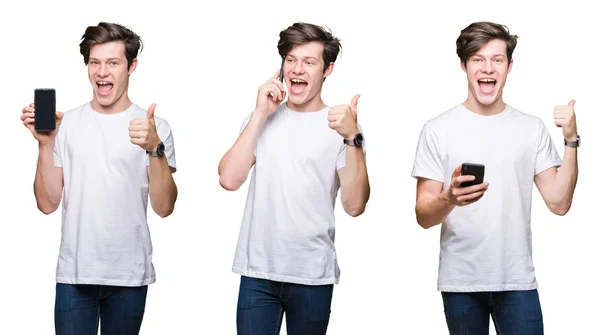 Koláž Mladého Muže Používající Smartphone Bílém Izolovaném Pozadí Šťastný Velkým — Stock fotografie