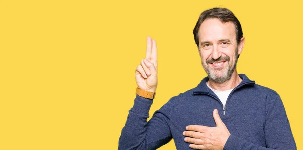 Middle Age Handsome Man Wearing Sweater Swearing Hand Chest Fingers — Stock Photo, Image