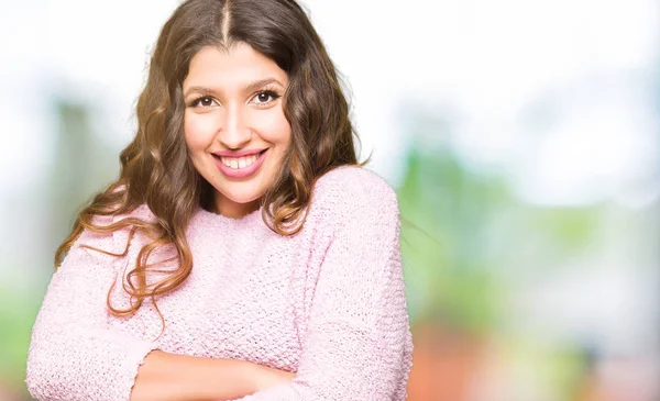 Young Beautiful Woman Wearing Pink Sweater Happy Face Smiling Crossed — Stock Photo, Image