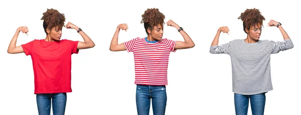 Colagem Jovem Bela Menina Africana Sobre Fundo Isolado Mostrando Músculos — Fotografia de Stock