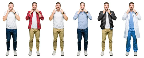 Collage Atractivo Joven Sobre Fondo Blanco Aislado Sonriendo Con Boca — Foto de Stock