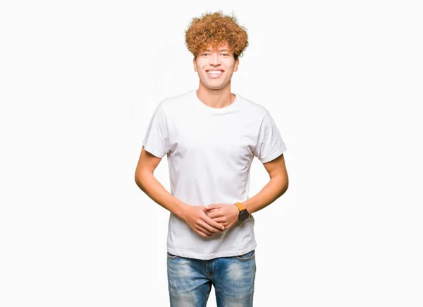 Jeune Homme Beau Aux Cheveux Afro Portant Shirt Blanc Décontracté — Photo