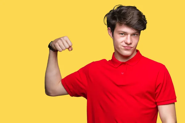 Młody Przystojny Mężczyzna Noszenie Czerwony Shirt Nad Osobą Mocny Białym — Zdjęcie stockowe