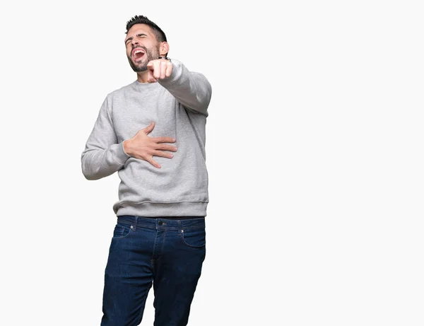 Joven Hombre Guapo Usando Sudadera Sobre Fondo Aislado Riéndose Señalando — Foto de Stock