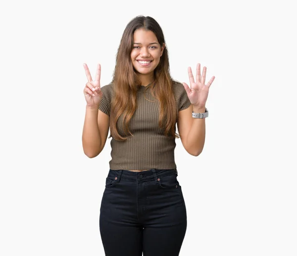 Junge Schöne Brünette Frau Über Isoliertem Hintergrund Zeigt Und Zeigt — Stockfoto