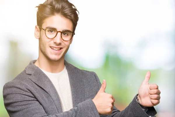 Young Business Man Wearing Glasses Isolated Background Looking Proud Smiling — Stock Photo, Image