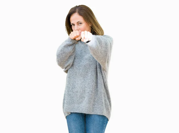 Beautiful Middle Age Woman Wearing Winter Sweater Isolated Background Punching — Stock Photo, Image