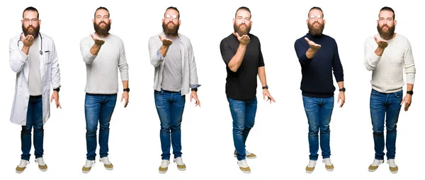 Collage Eines Jungen Mannes Mit Dutt Vor Weißem Isoliertem Hintergrund — Stockfoto